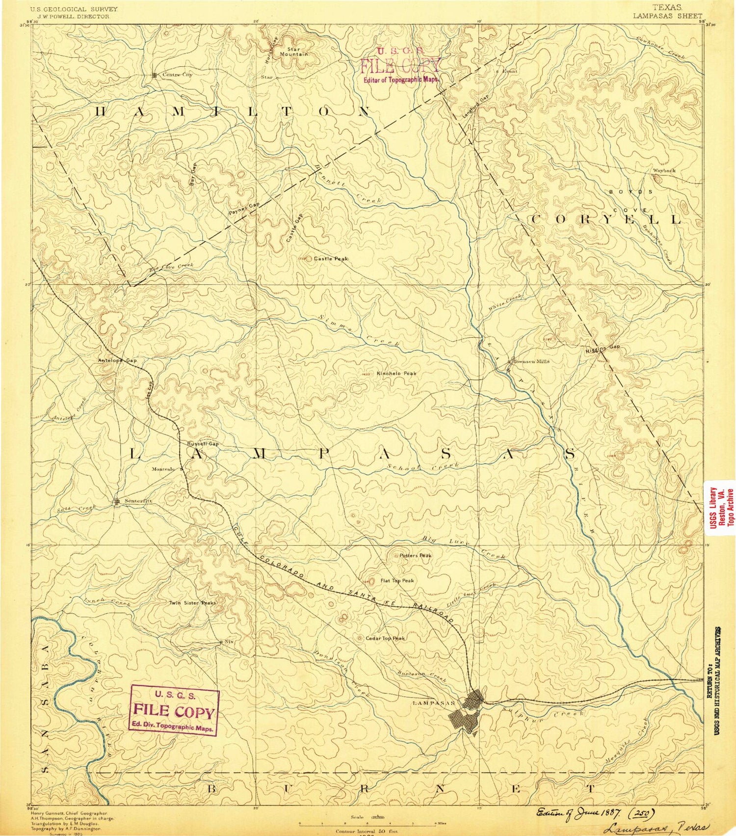 Historic 1887 Lampasas Texas 30'x30' Topo Map Image