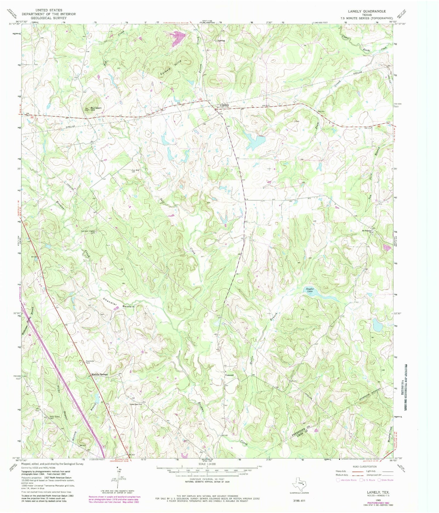 Classic USGS Lanely Texas 7.5'x7.5' Topo Map Image