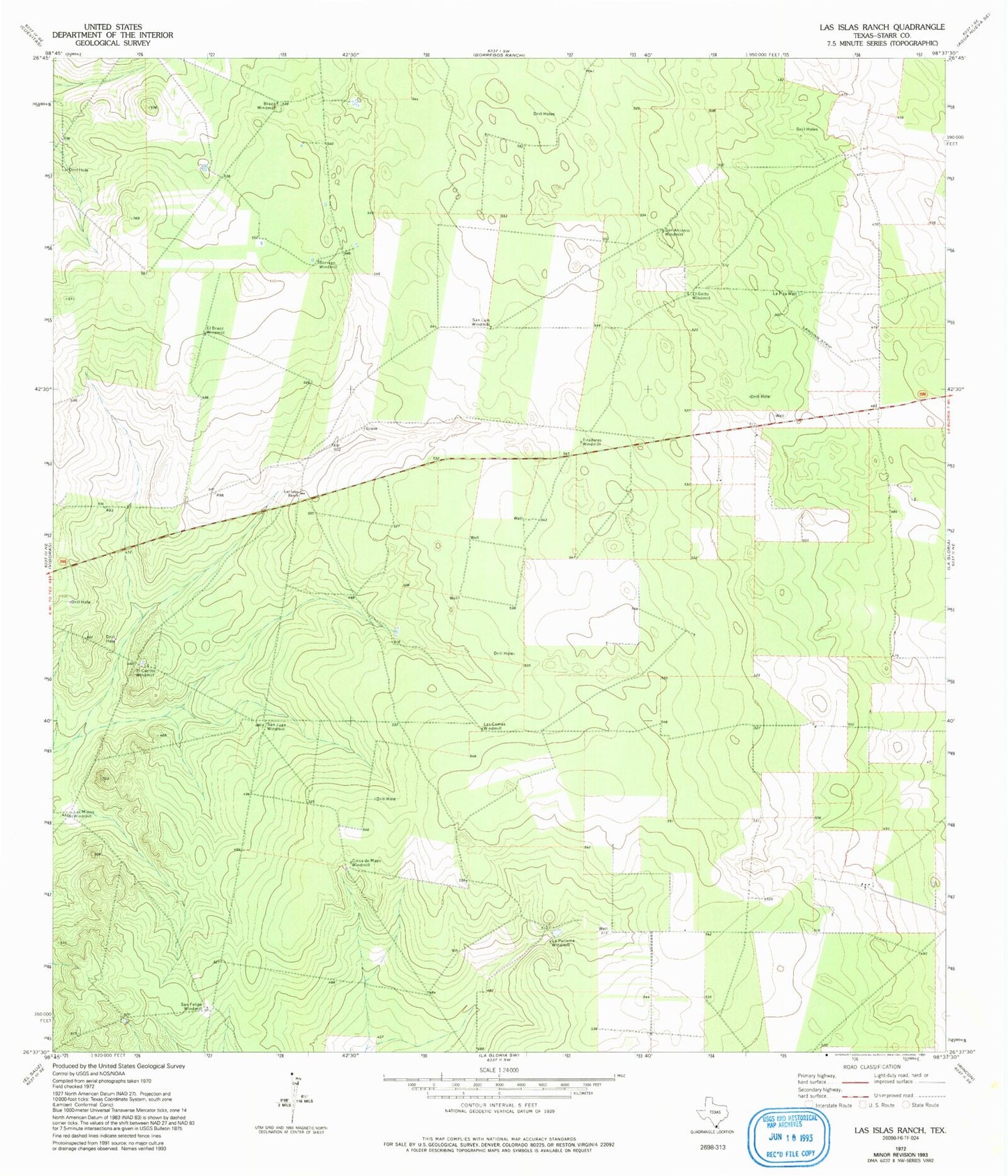 Classic USGS Las Islas Ranch Texas 7.5'x7.5' Topo Map Image