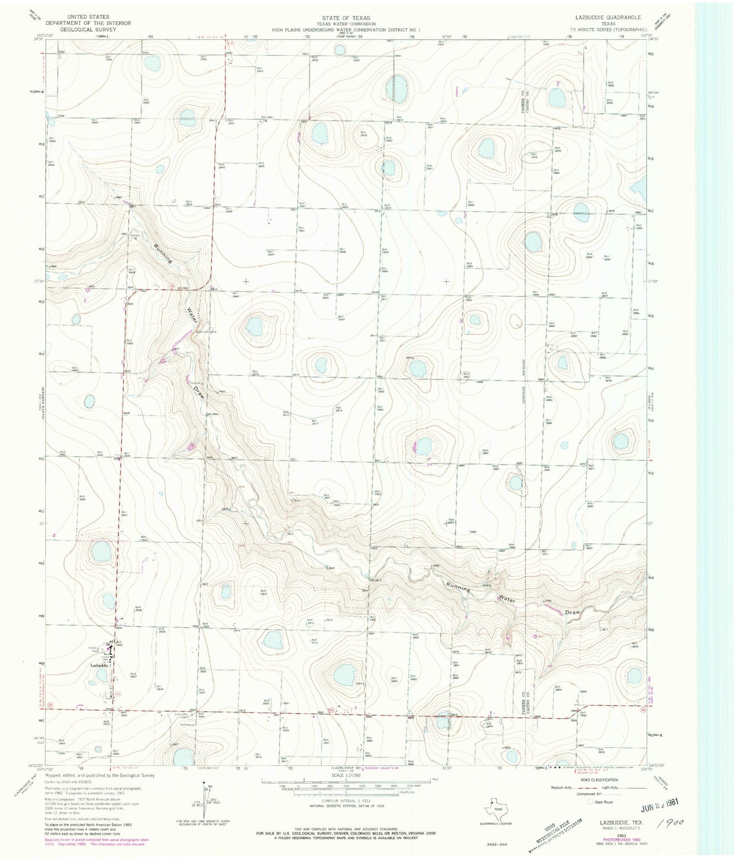Classic USGS Lazbuddie Texas 7.5'x7.5' Topo Map Image