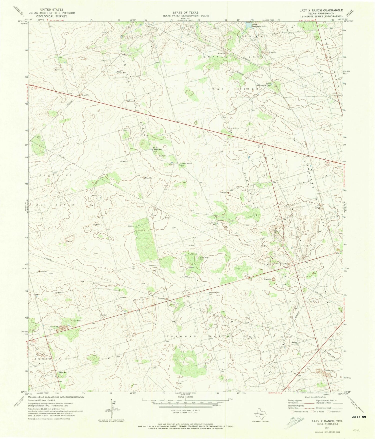 Classic USGS Lazy X Ranch Texas 7.5'x7.5' Topo Map Image