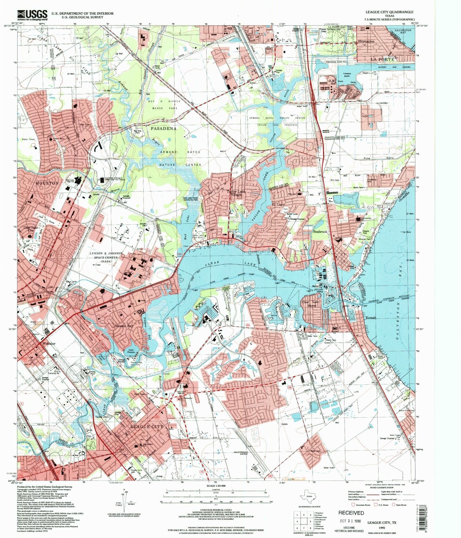 Classic USGS League City Texas 7.5'x7.5' Topo Map Image