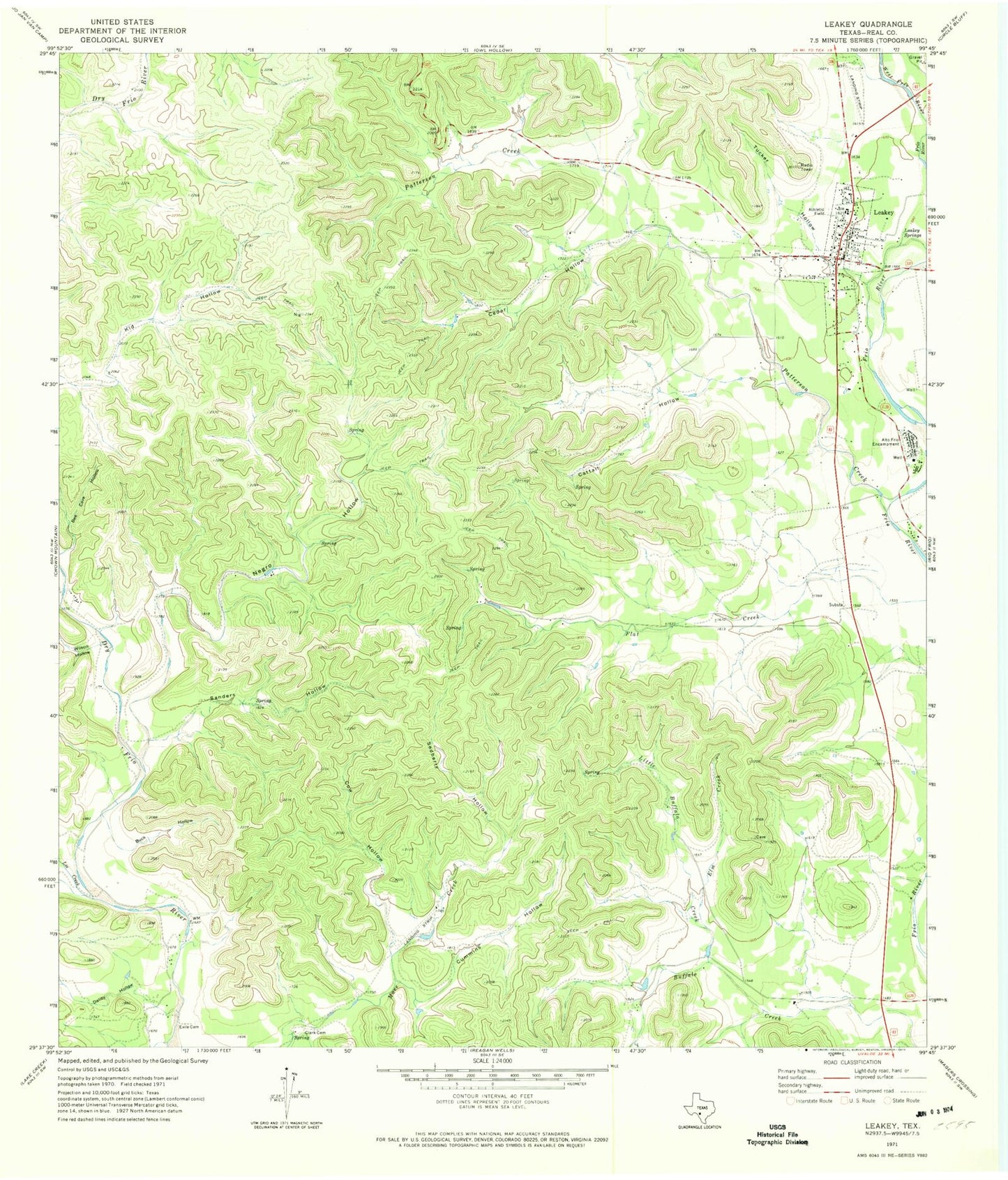 Classic USGS Leakey Texas 7.5'x7.5' Topo Map Image