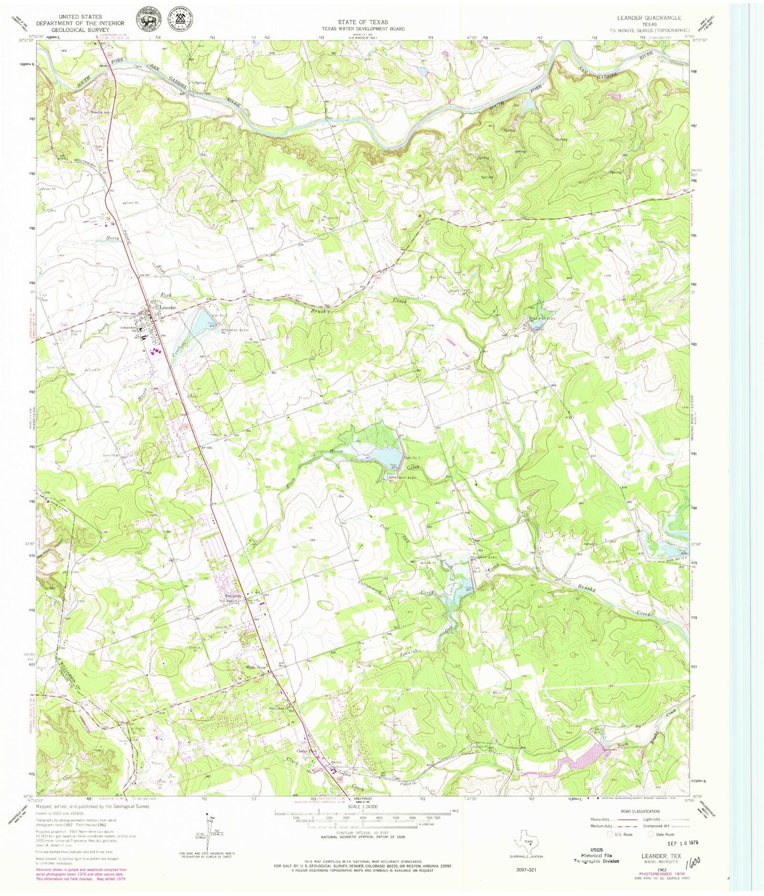 Classic USGS Leander Texas 7.5'x7.5' Topo Map Image