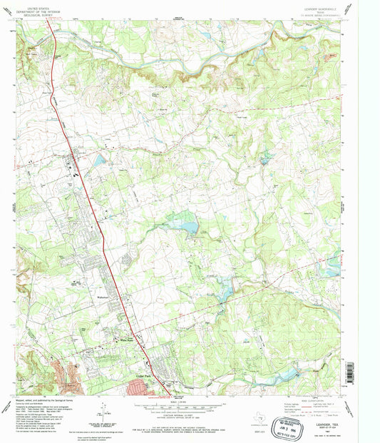 Classic USGS Leander Texas 7.5'x7.5' Topo Map Image