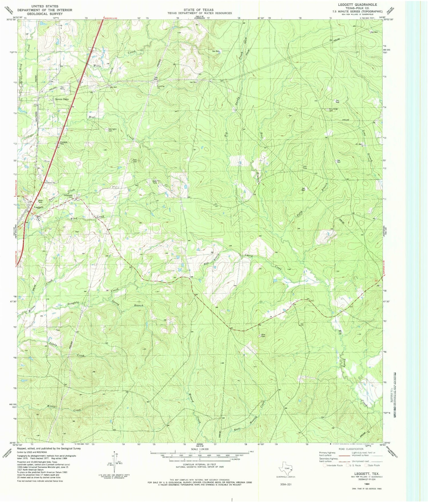 Classic USGS Leggett Texas 7.5'x7.5' Topo Map Image