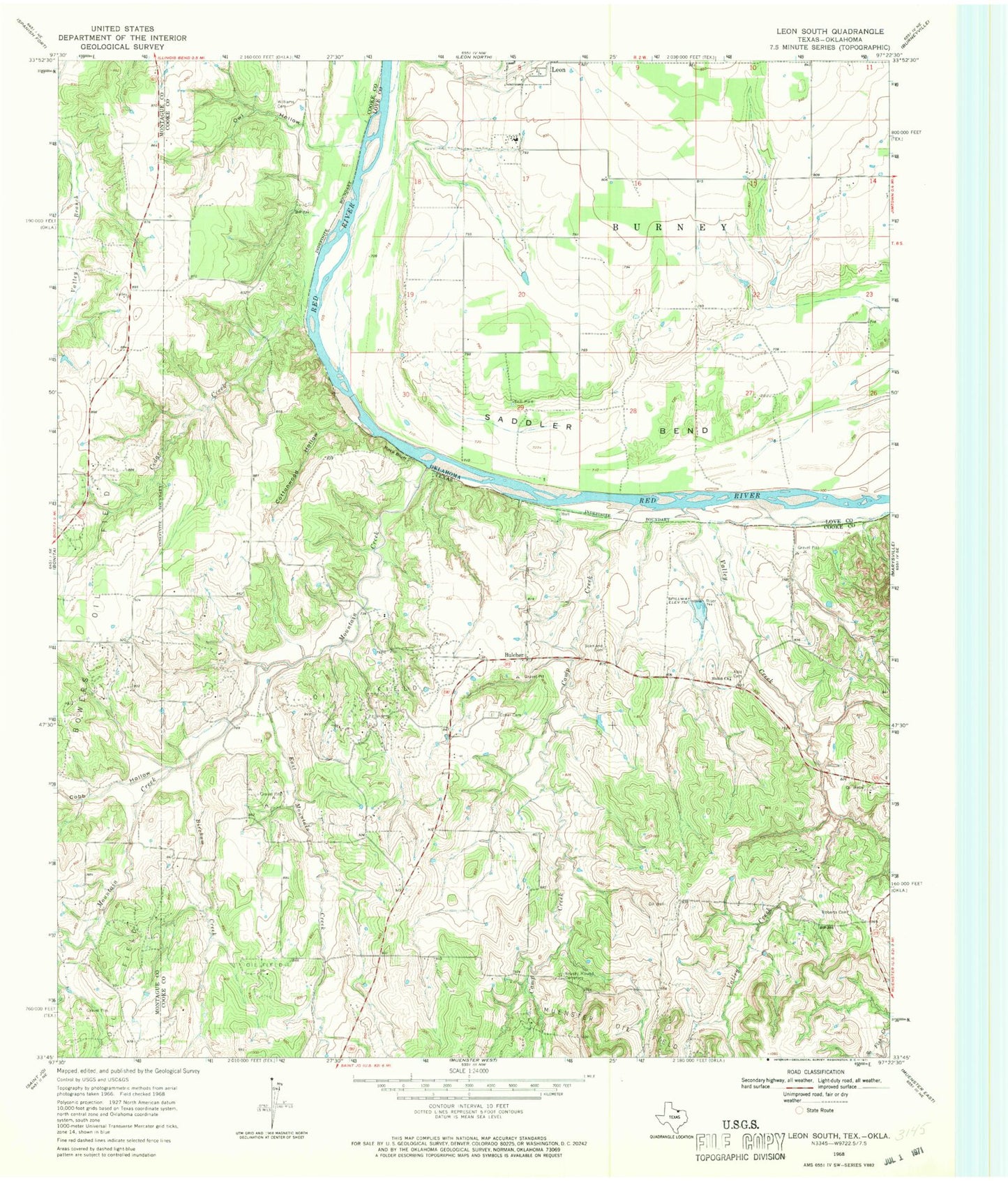 Classic USGS Leon South Oklahoma 7.5'x7.5' Topo Map Image