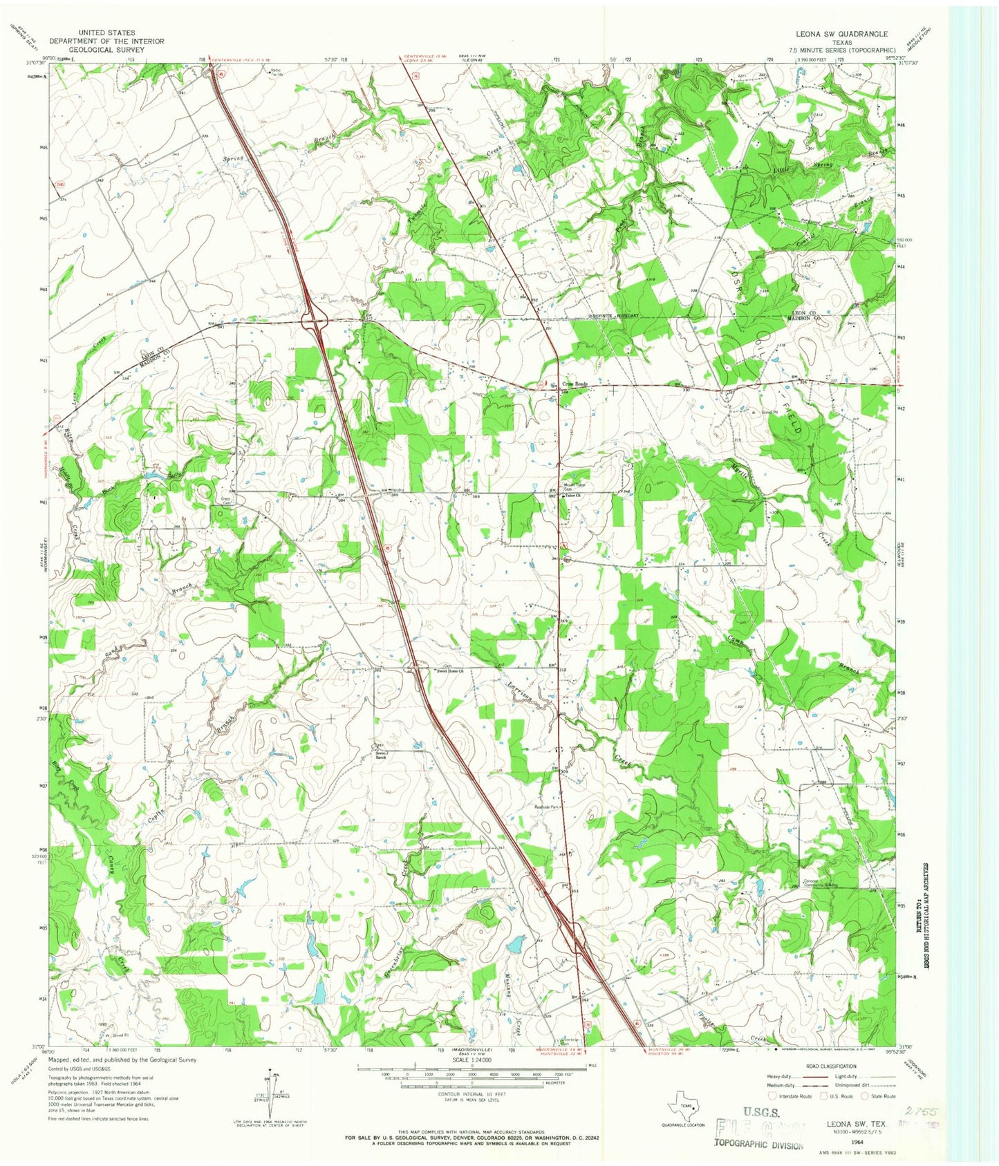 Classic USGS Leona SW Texas 7.5'x7.5' Topo Map Image