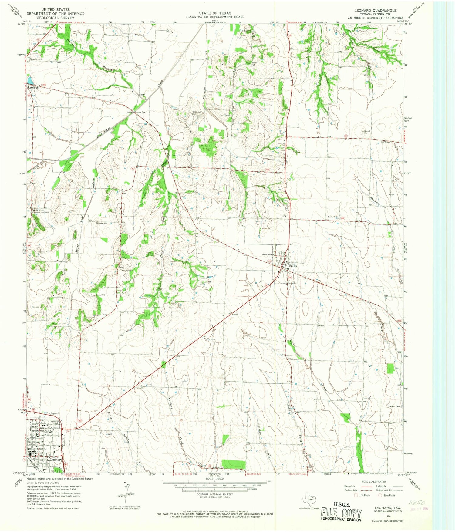 Classic USGS Leonard Texas 7.5'x7.5' Topo Map Image