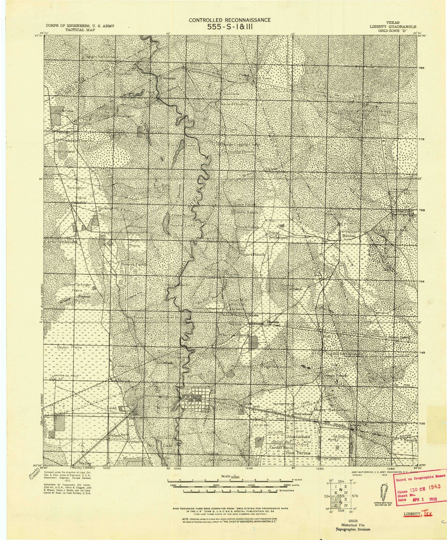Historic 1943 Liberty Texas 30'x30' Topo Map Image