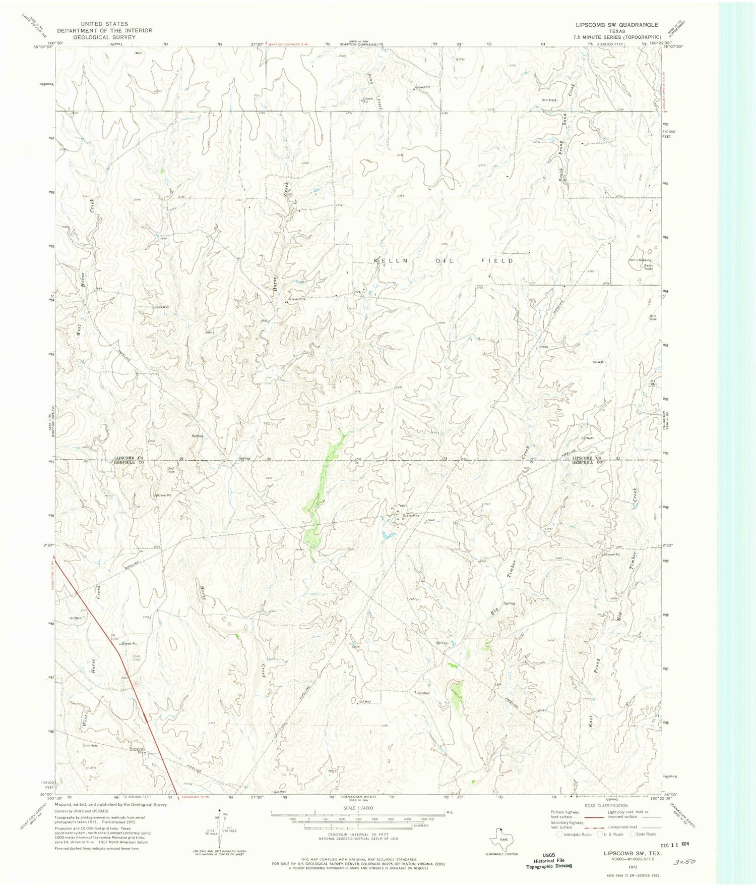 Classic USGS Lipscomb SW Texas 7.5'x7.5' Topo Map Image