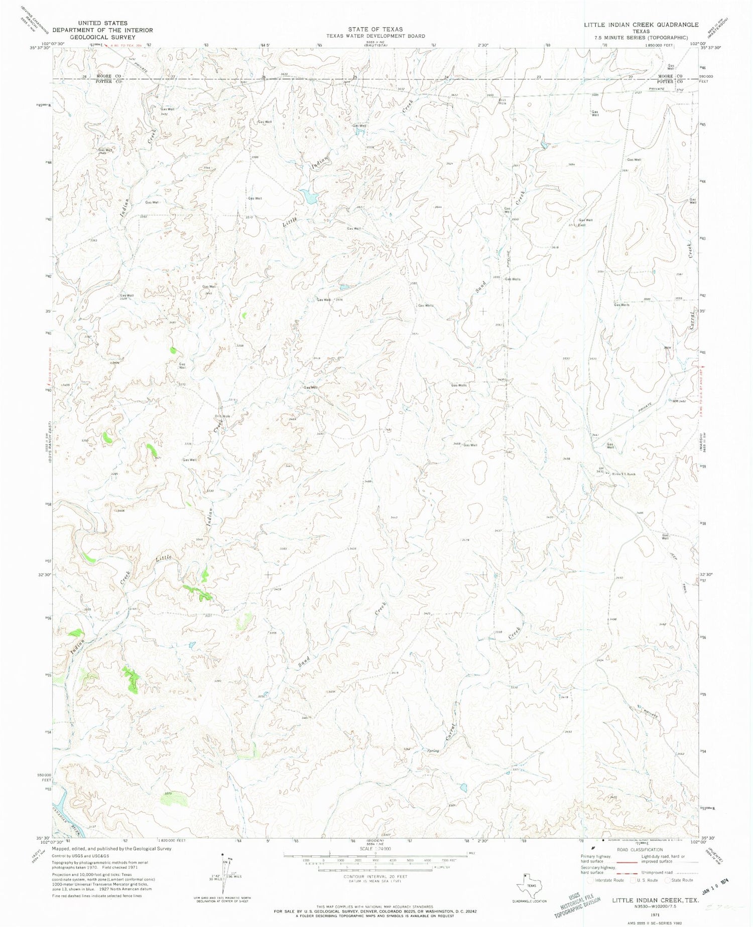 Classic USGS Little Indian Creek Texas 7.5'x7.5' Topo Map Image