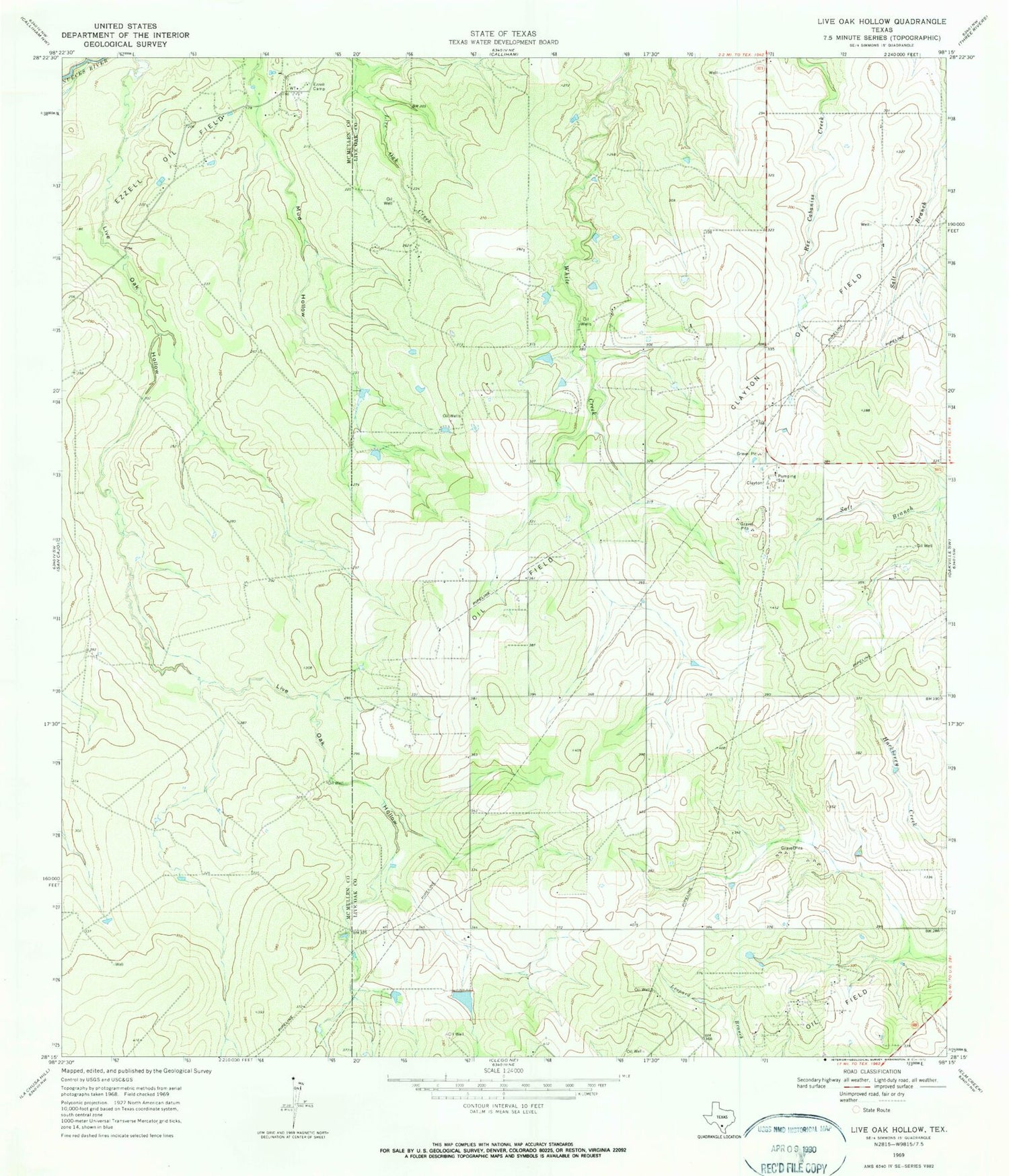Classic USGS Live Oak Hollow Texas 7.5'x7.5' Topo Map Image