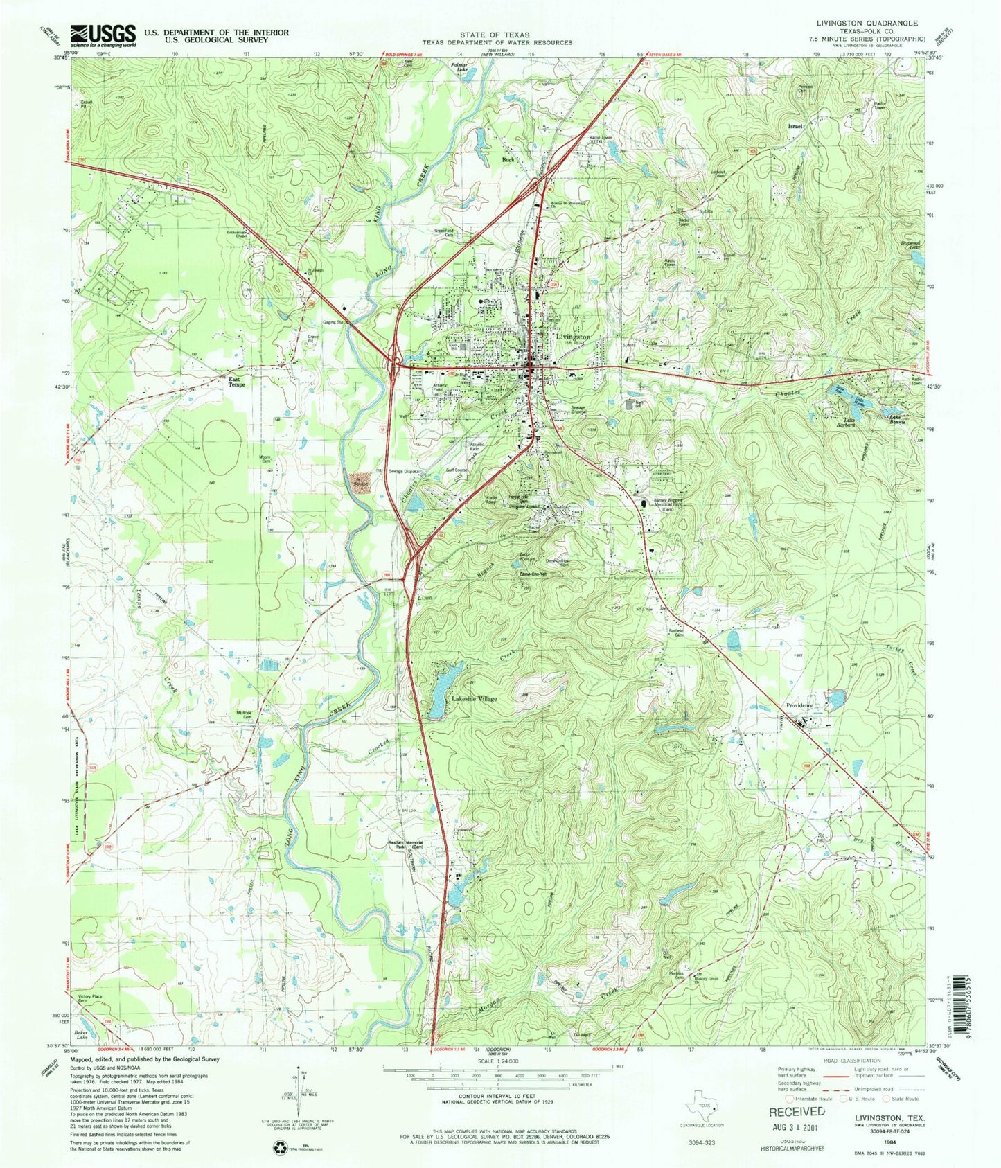 Classic USGS Livingston Texas 7.5'x7.5' Topo Map Image