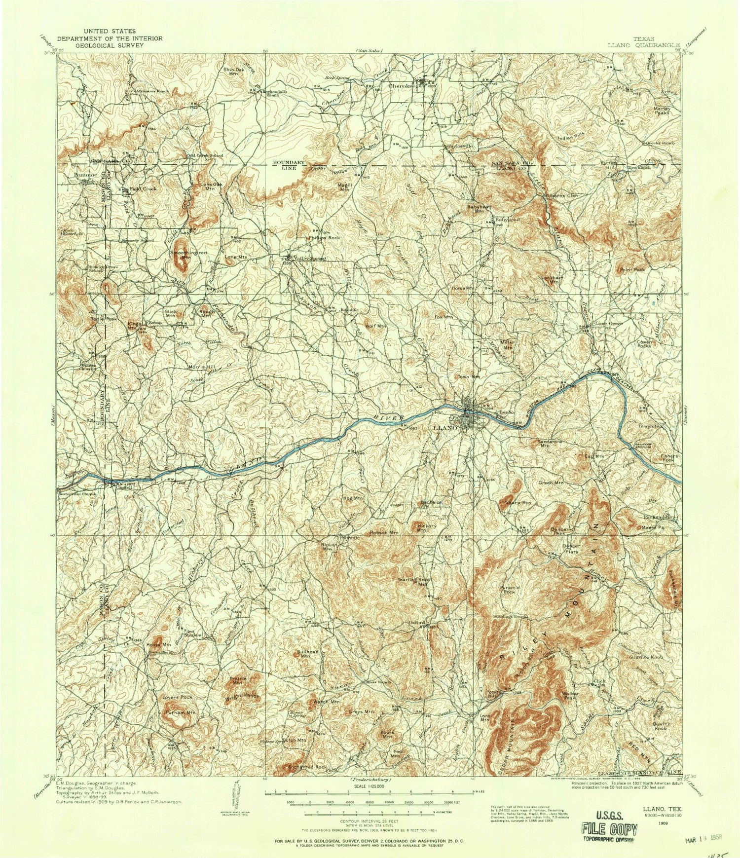 Historic 1909 Llano Texas 30'x30' Topo Map Image