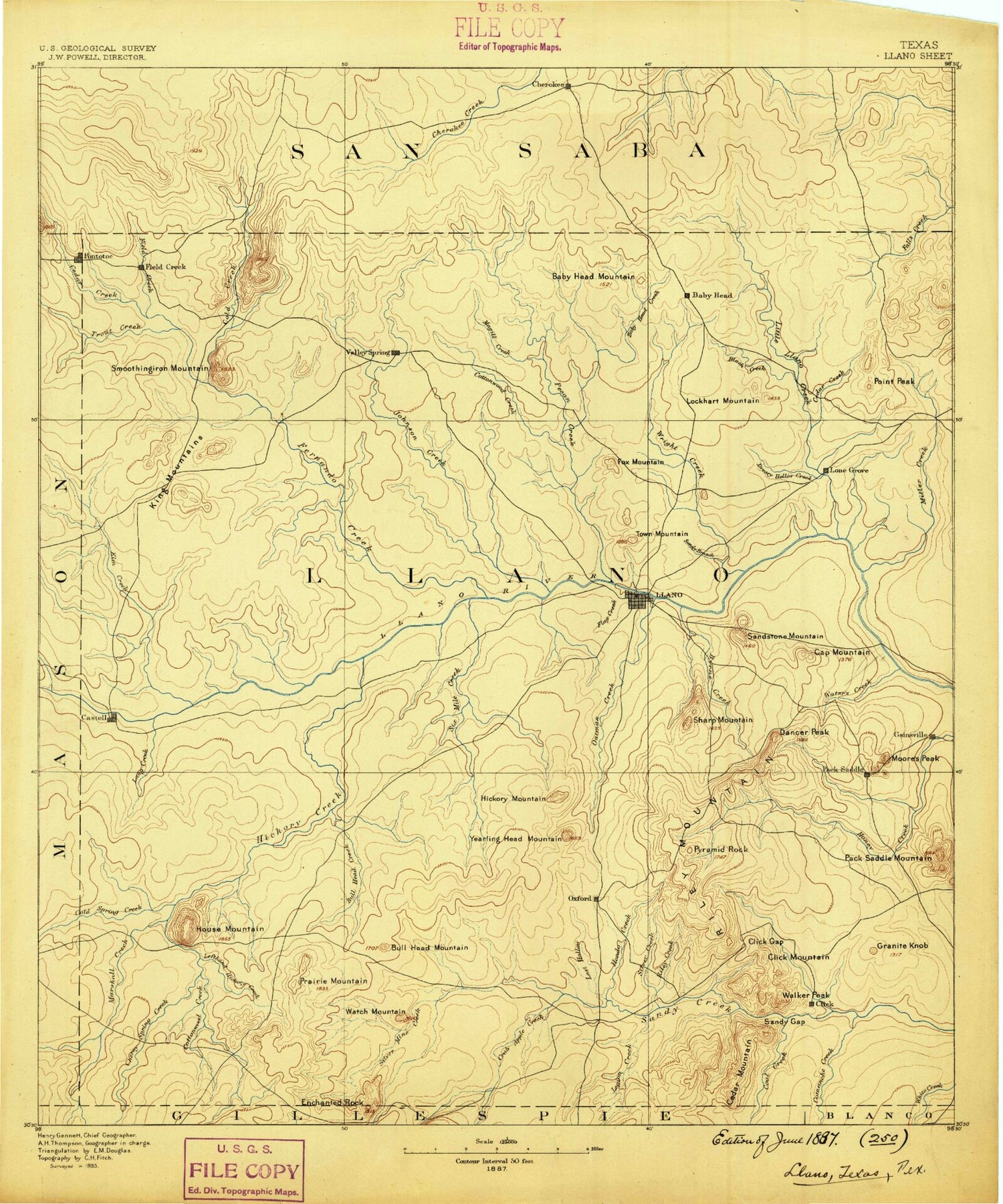 Historic 1887 Llano Texas 30'x30' Topo Map Image