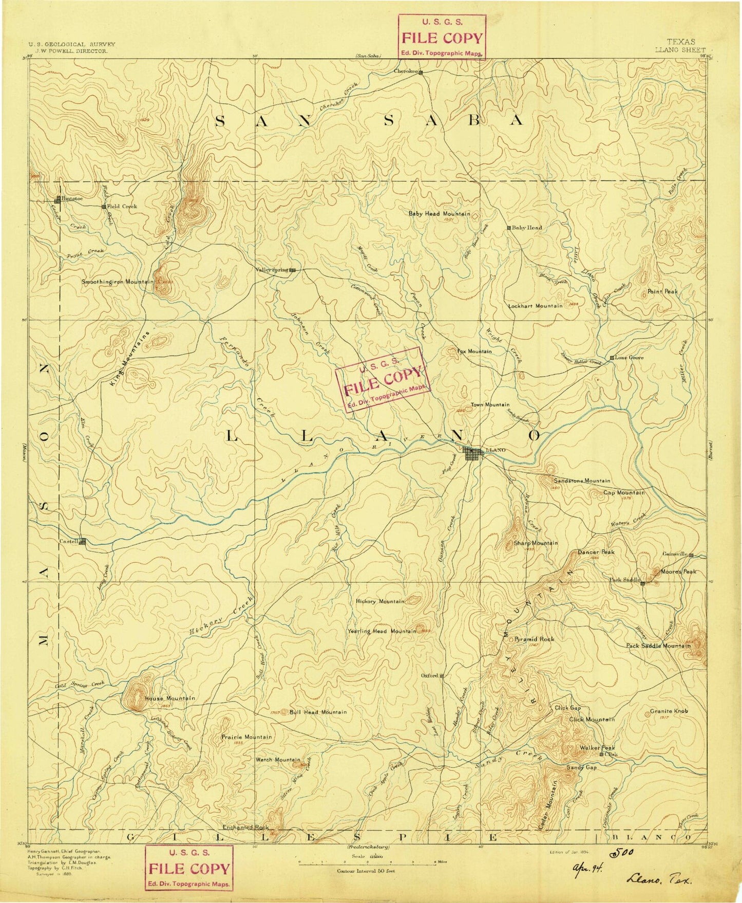Historic 1894 Llano Texas 30'x30' Topo Map Image