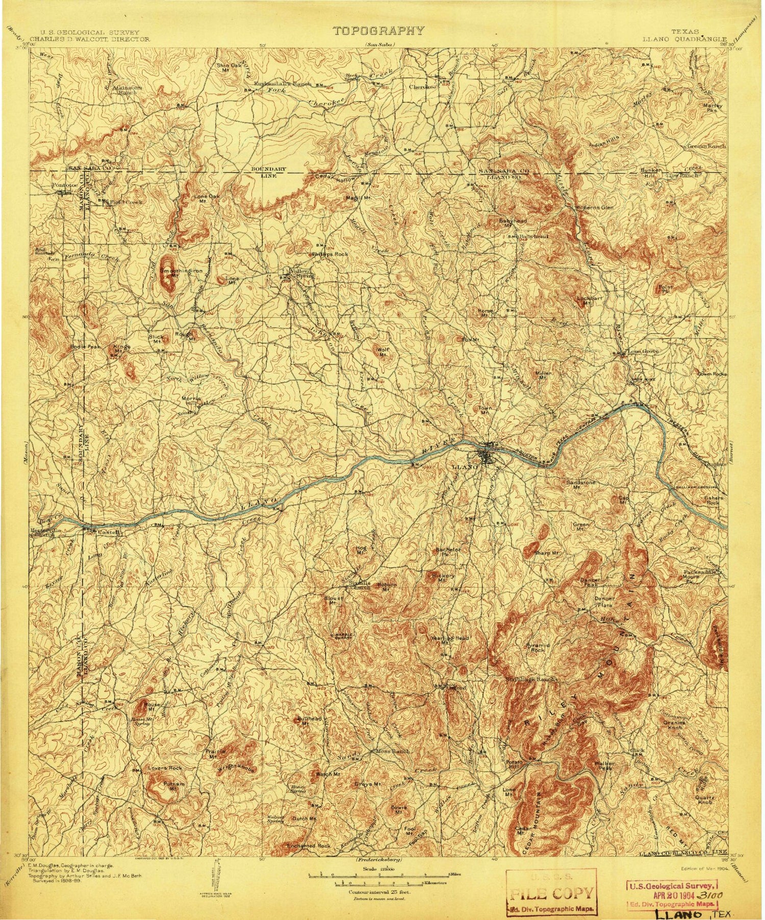 Historic 1904 Llano Texas 30'x30' Topo Map Image