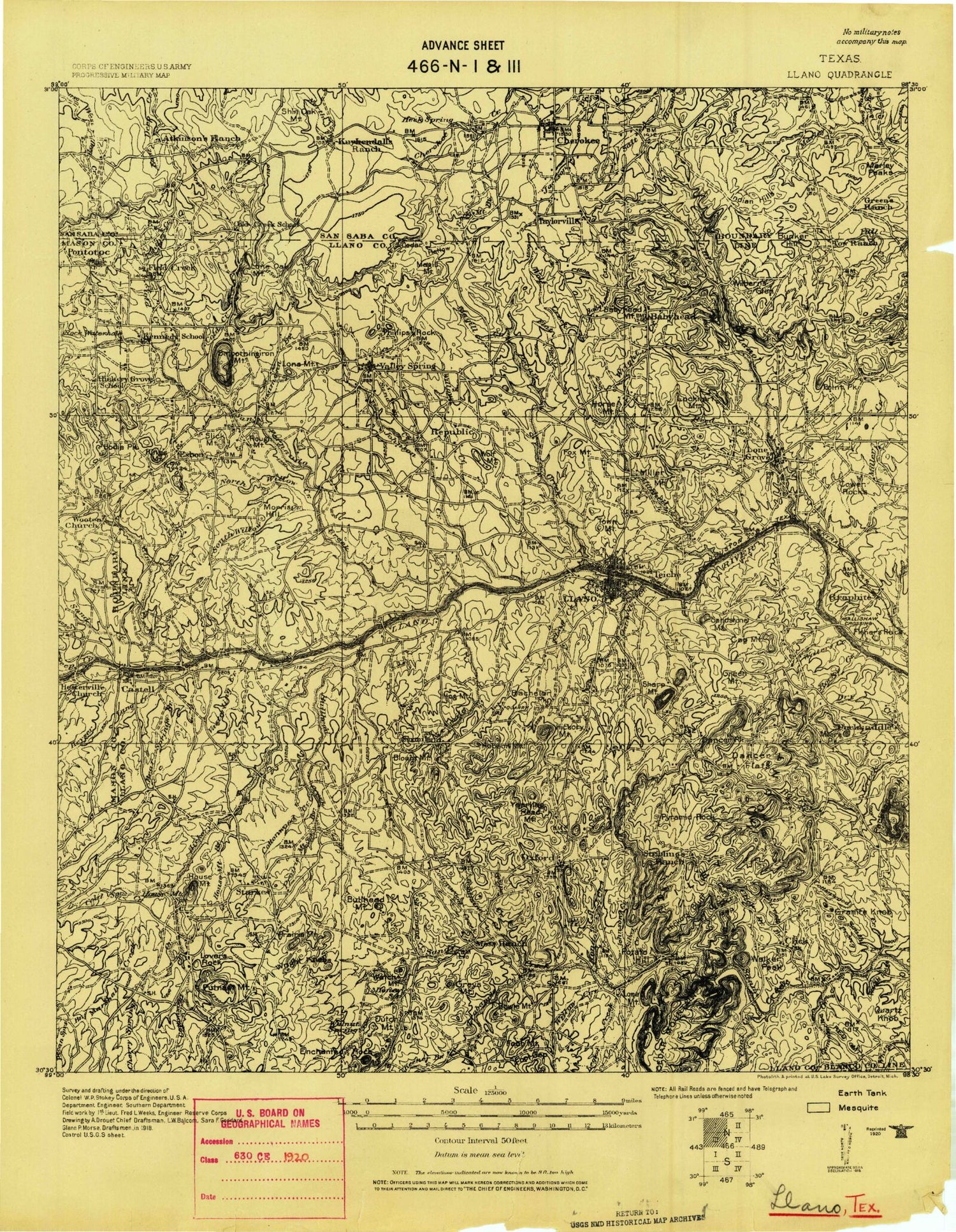 Historic 1918 Llano Texas 30'x30' Topo Map Image