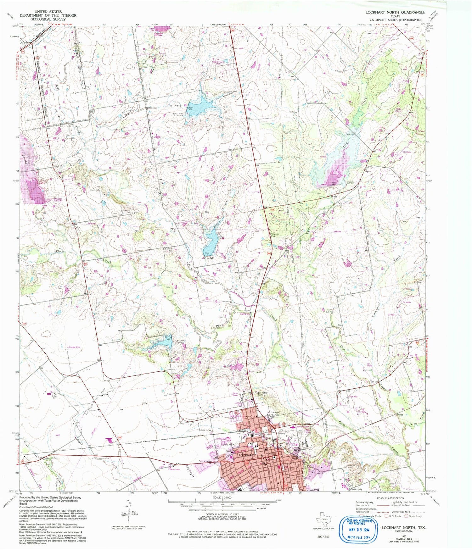 Classic USGS Lockhart North Texas 7.5'x7.5' Topo Map Image