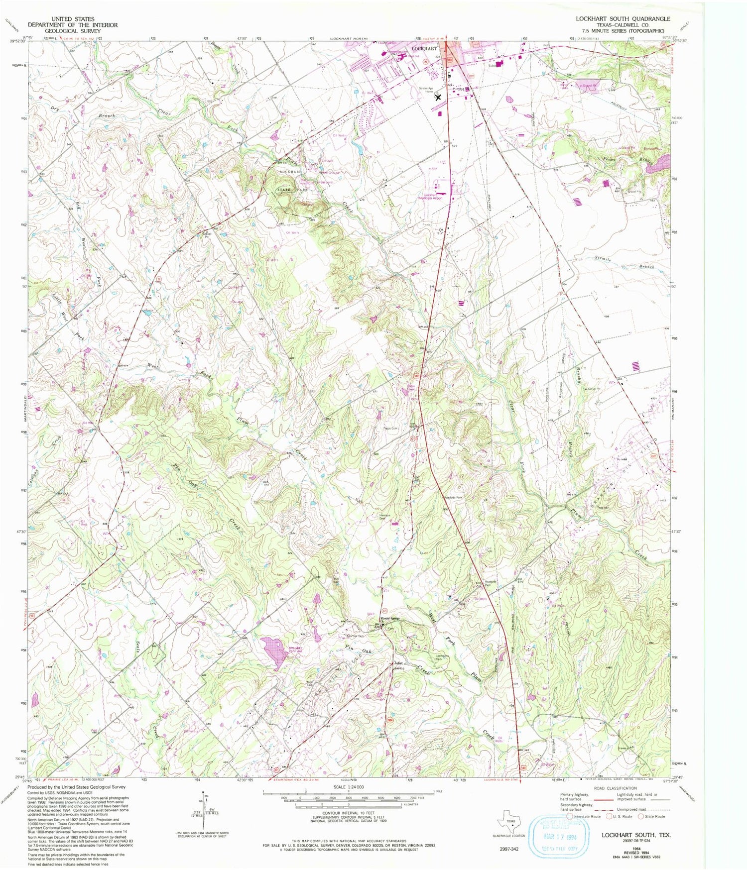 Classic USGS Lockhart South Texas 7.5'x7.5' Topo Map Image