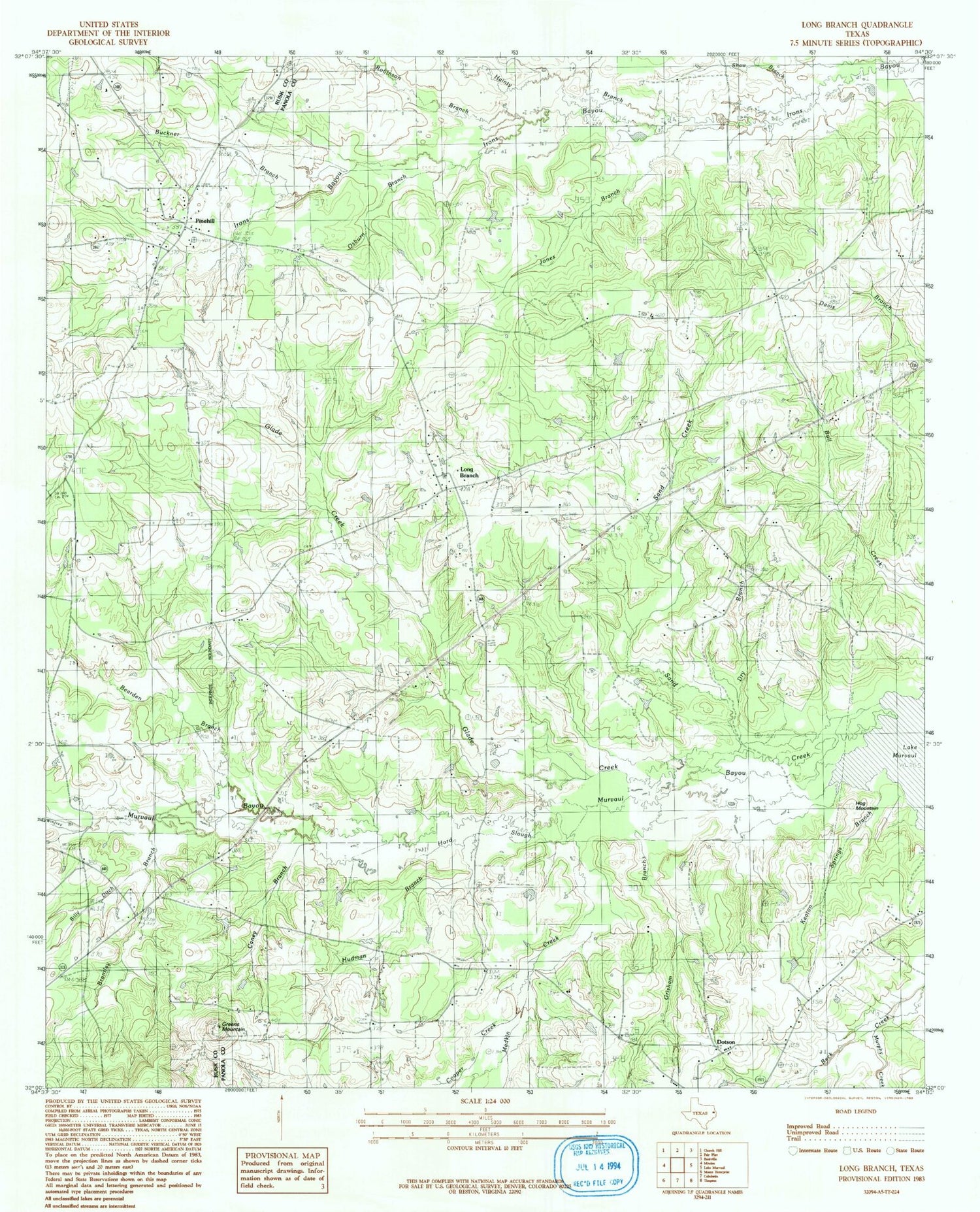 Classic USGS Long Branch Texas 7.5'x7.5' Topo Map Image