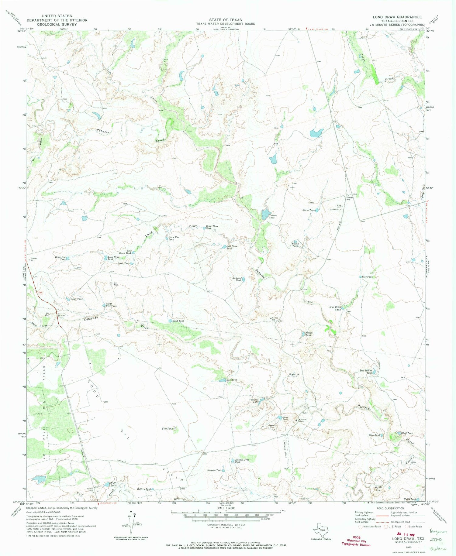 Classic USGS Long Draw Texas 7.5'x7.5' Topo Map Image