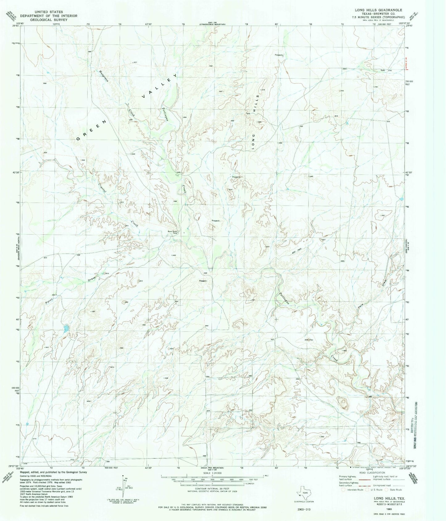 Classic USGS Long Hills Texas 7.5'x7.5' Topo Map Image