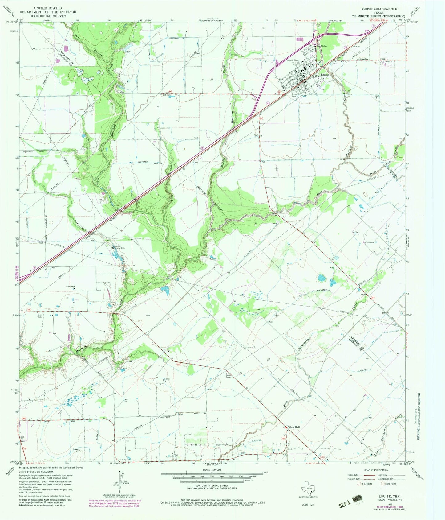 Classic USGS Louise Texas 7.5'x7.5' Topo Map Image