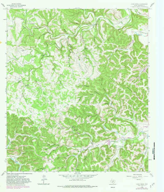 Classic USGS Love Creek Texas 7.5'x7.5' Topo Map Image