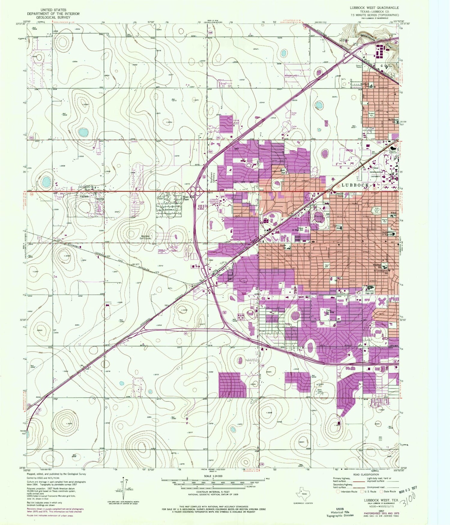 Classic USGS Lubbock West Texas 7.5'x7.5' Topo Map Image