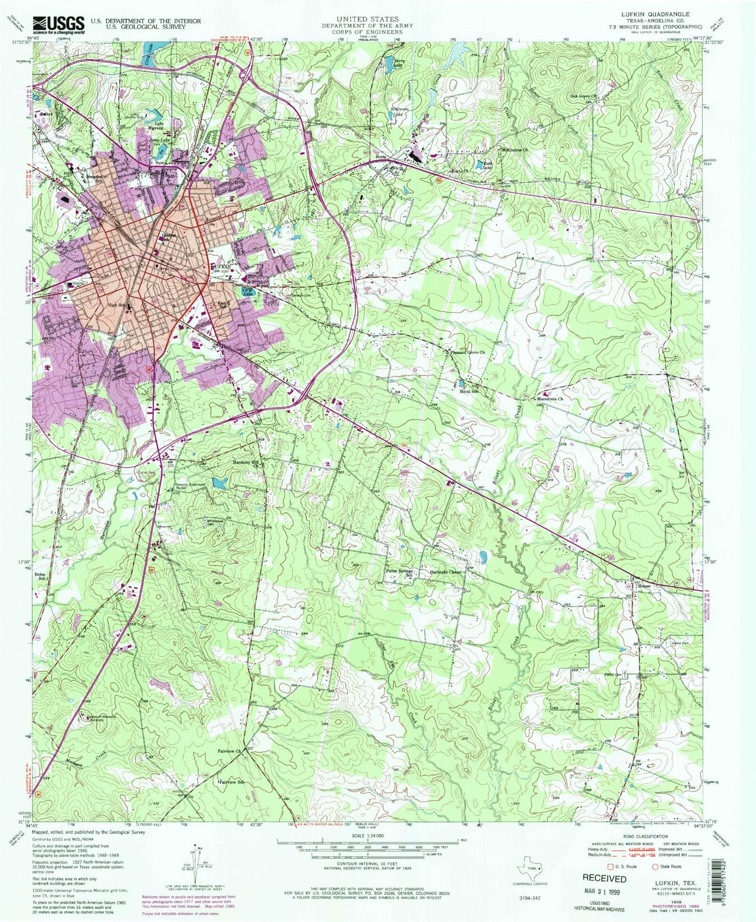 Classic USGS Lufkin Texas 7.5'x7.5' Topo Map Image