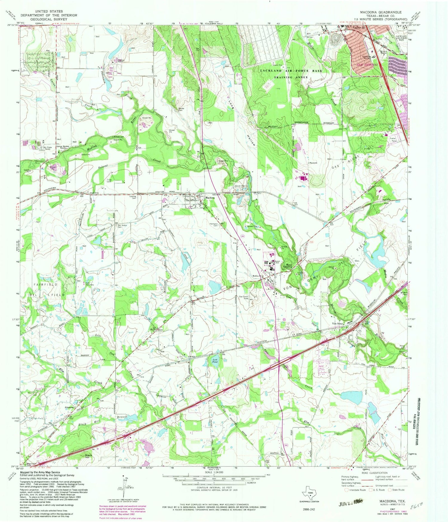 Classic USGS Macdona Texas 7.5'x7.5' Topo Map Image