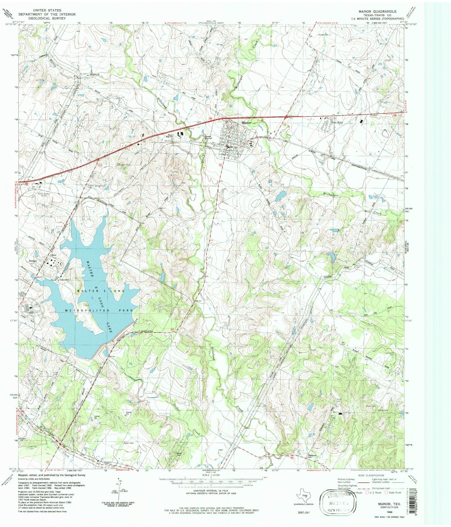 Classic USGS Manor Texas 7.5'x7.5' Topo Map Image