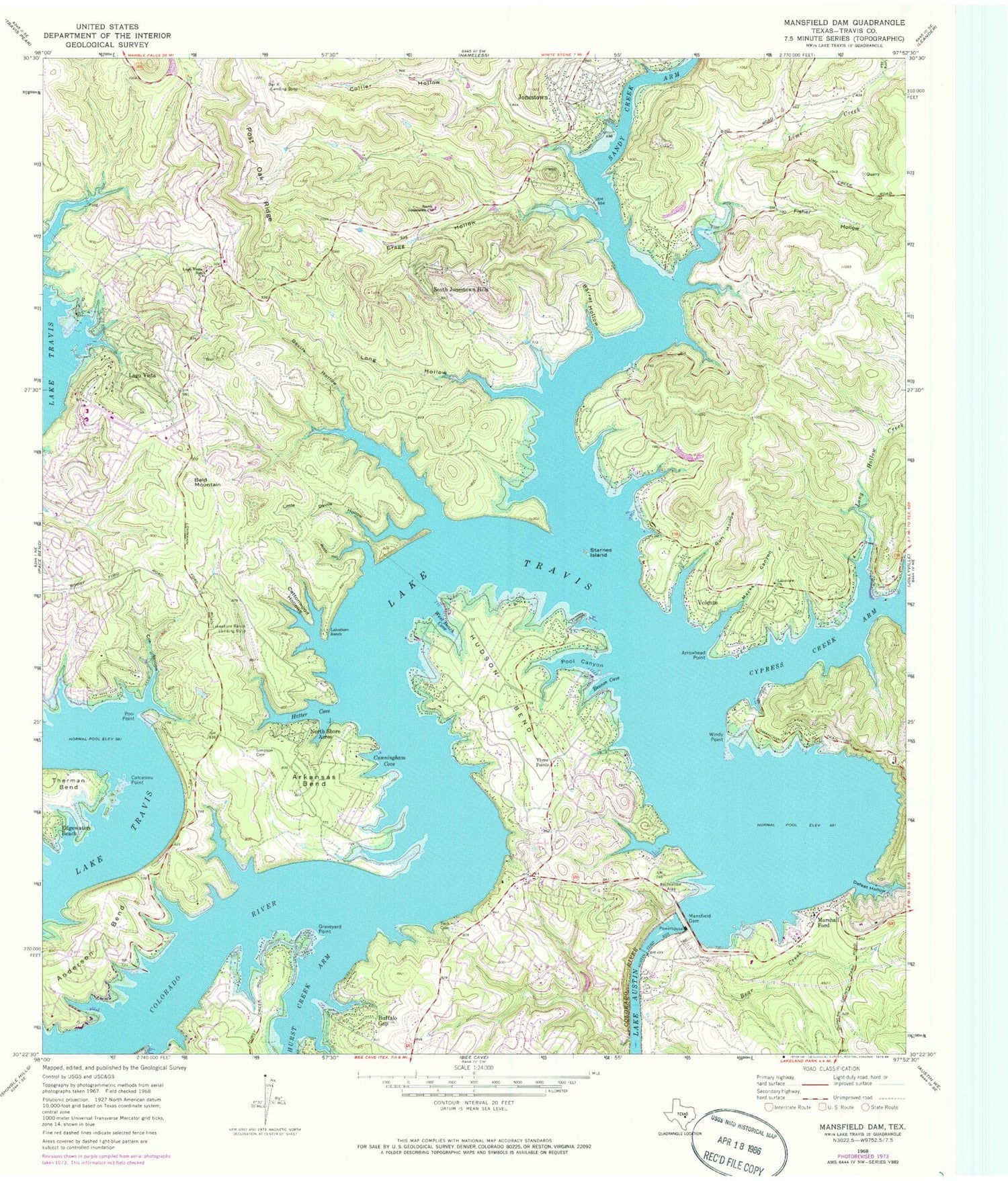 Classic USGS Mansfield Dam Texas 7.5'x7.5' Topo Map Image