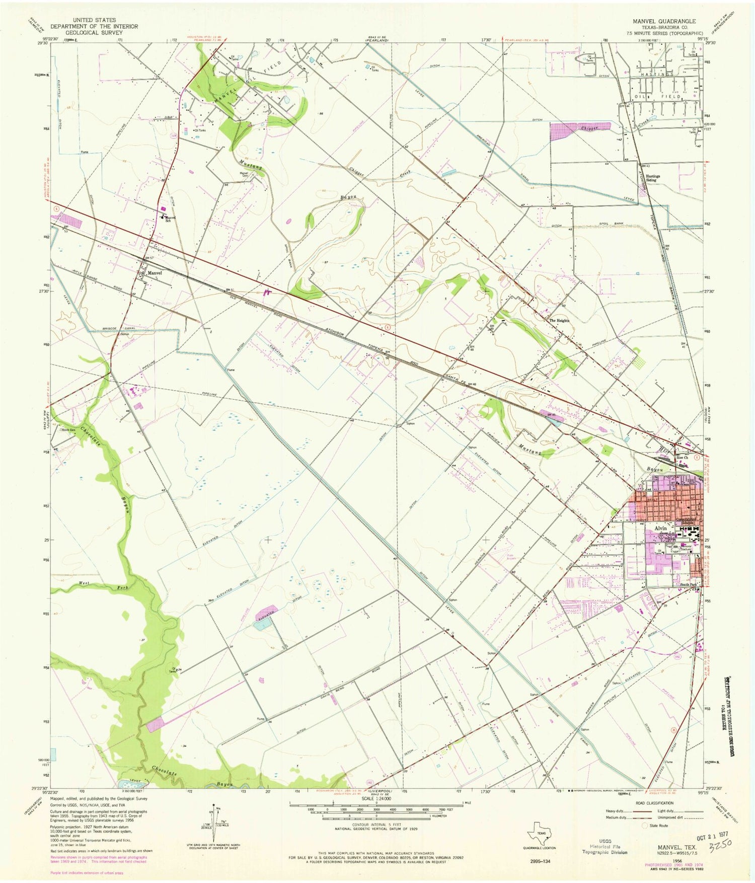 Classic USGS Manvel Texas 7.5'x7.5' Topo Map Image