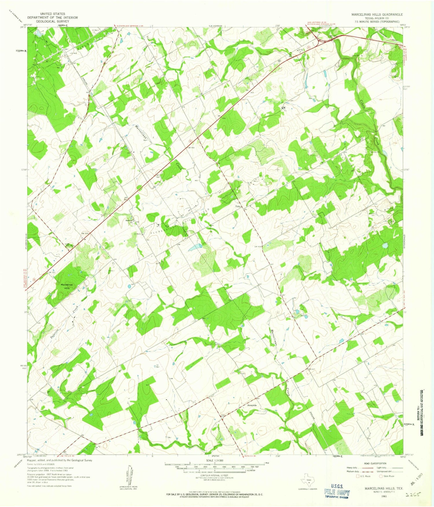 Classic USGS Marcelinas Hills Texas 7.5'x7.5' Topo Map Image