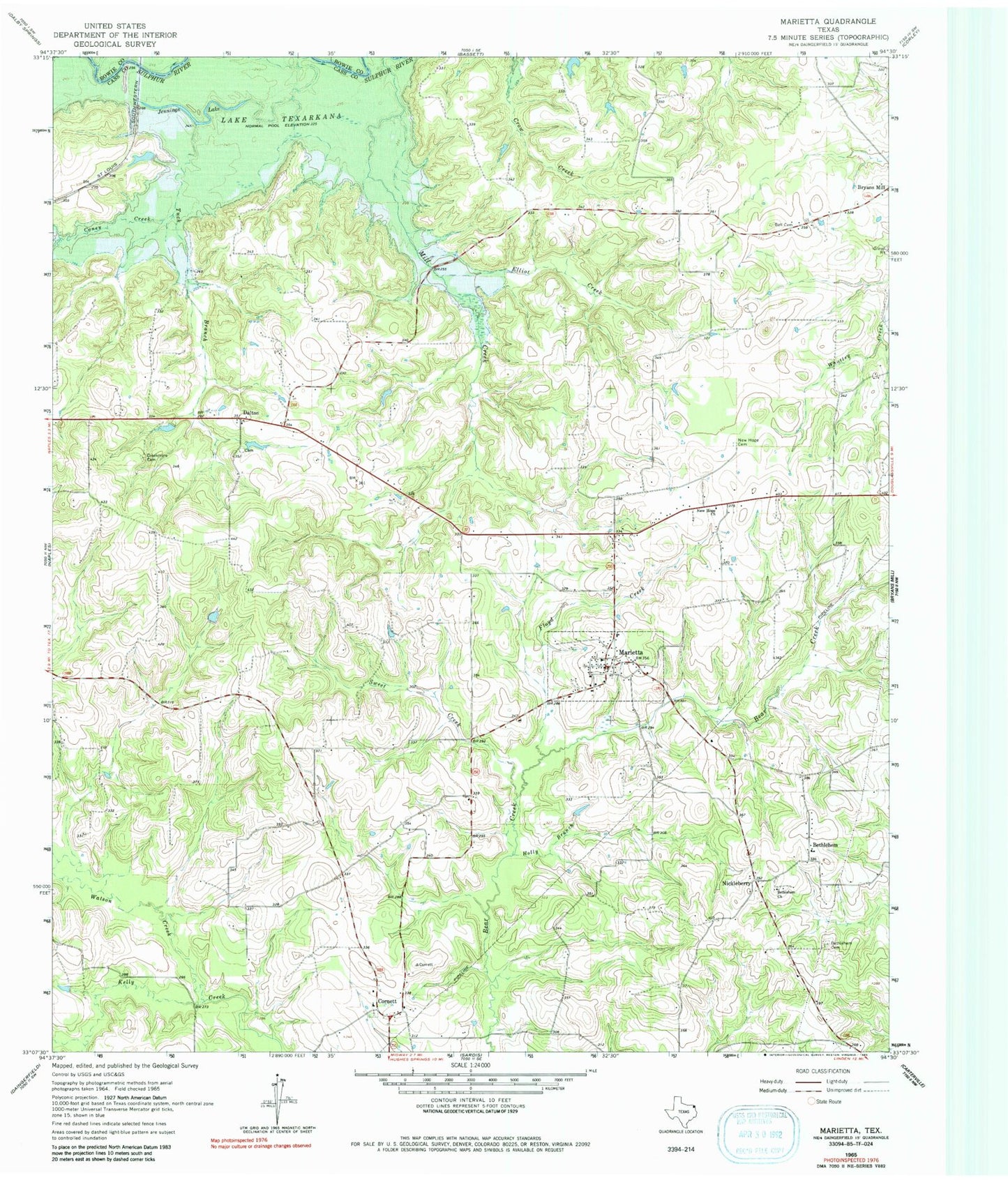 Classic USGS Marietta Texas 7.5'x7.5' Topo Map Image