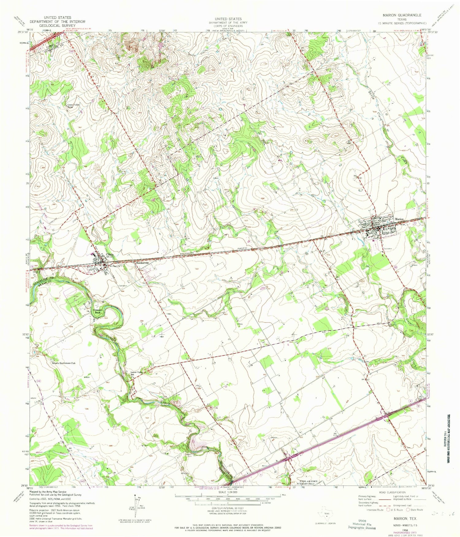 Classic USGS Marion Texas 7.5'x7.5' Topo Map Image