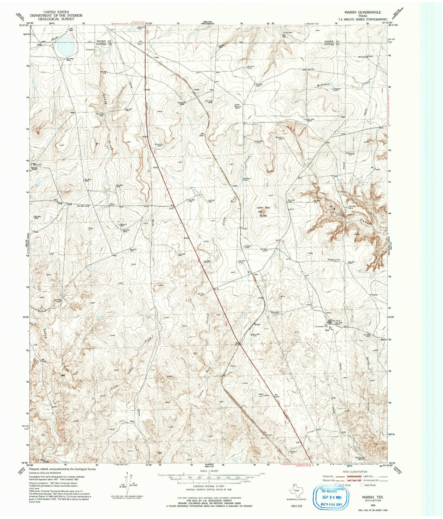 Classic USGS Marsh Texas 7.5'x7.5' Topo Map Image