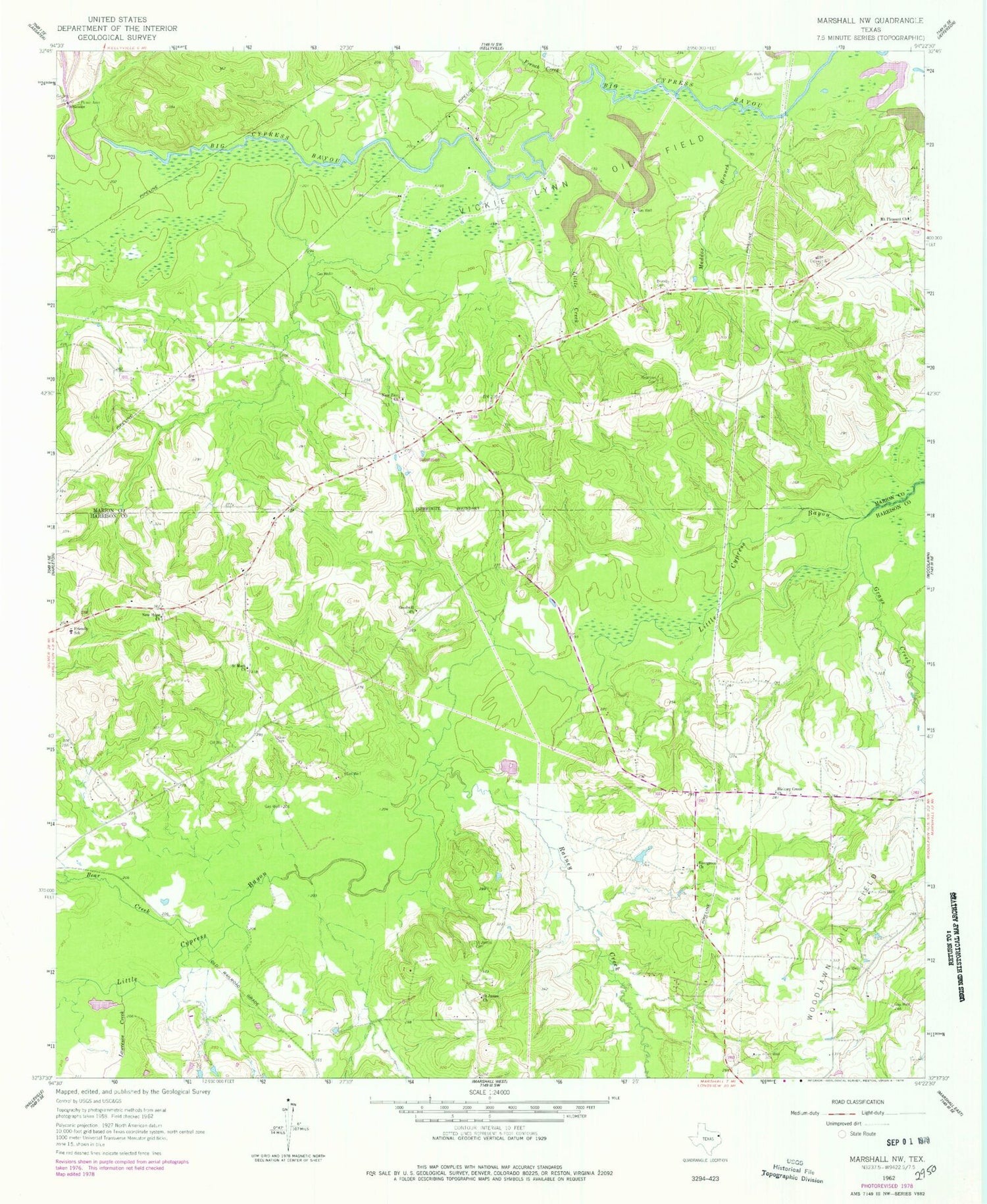 Classic USGS Marshall NW Texas 7.5'x7.5' Topo Map Image