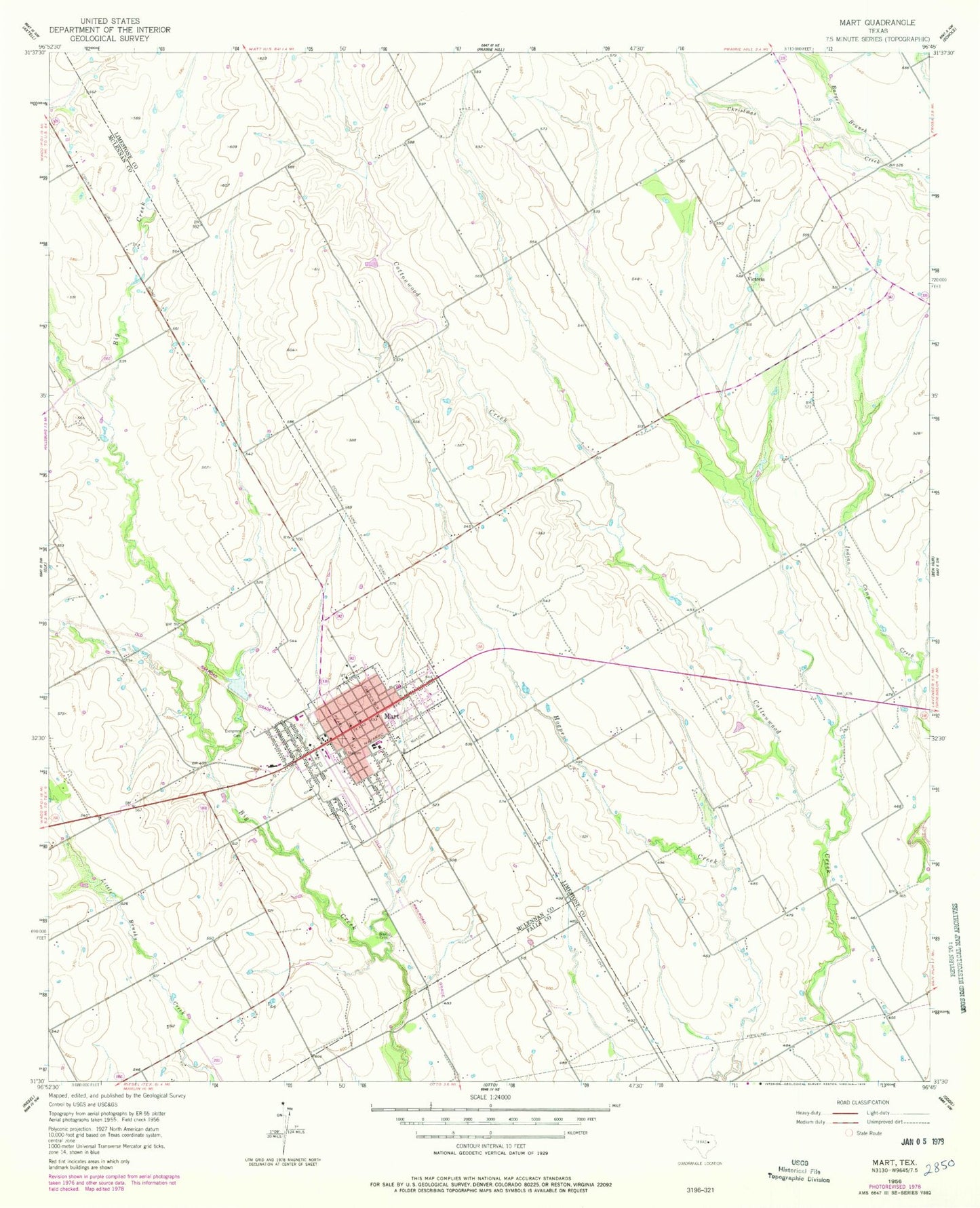 Classic USGS Mart Texas 7.5'x7.5' Topo Map Image