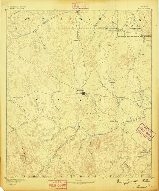 Historic 1887 Mason Texas 30'x30' Topo Map Image