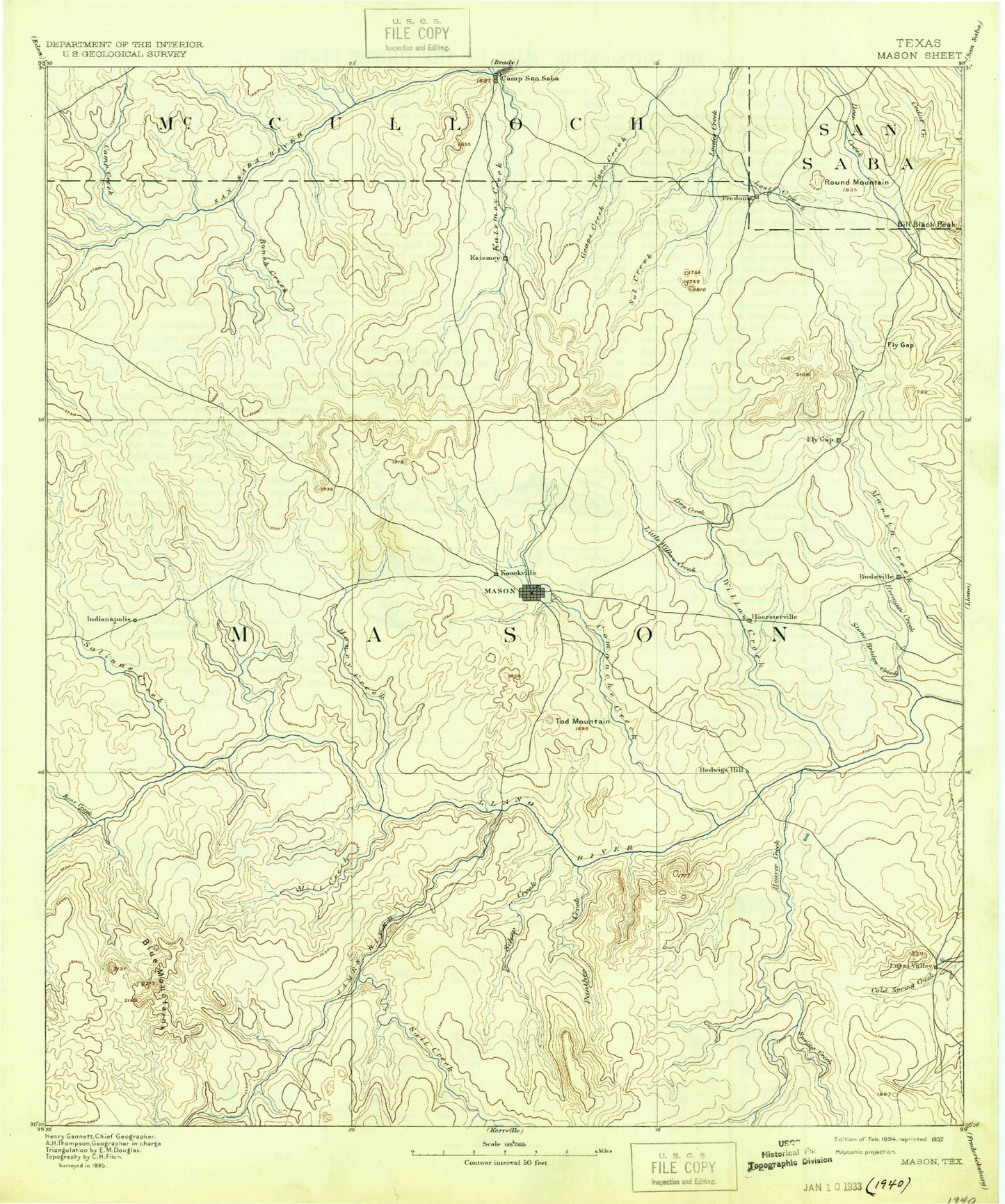 Historic 1894 Mason Texas 30'x30' Topo Map Image