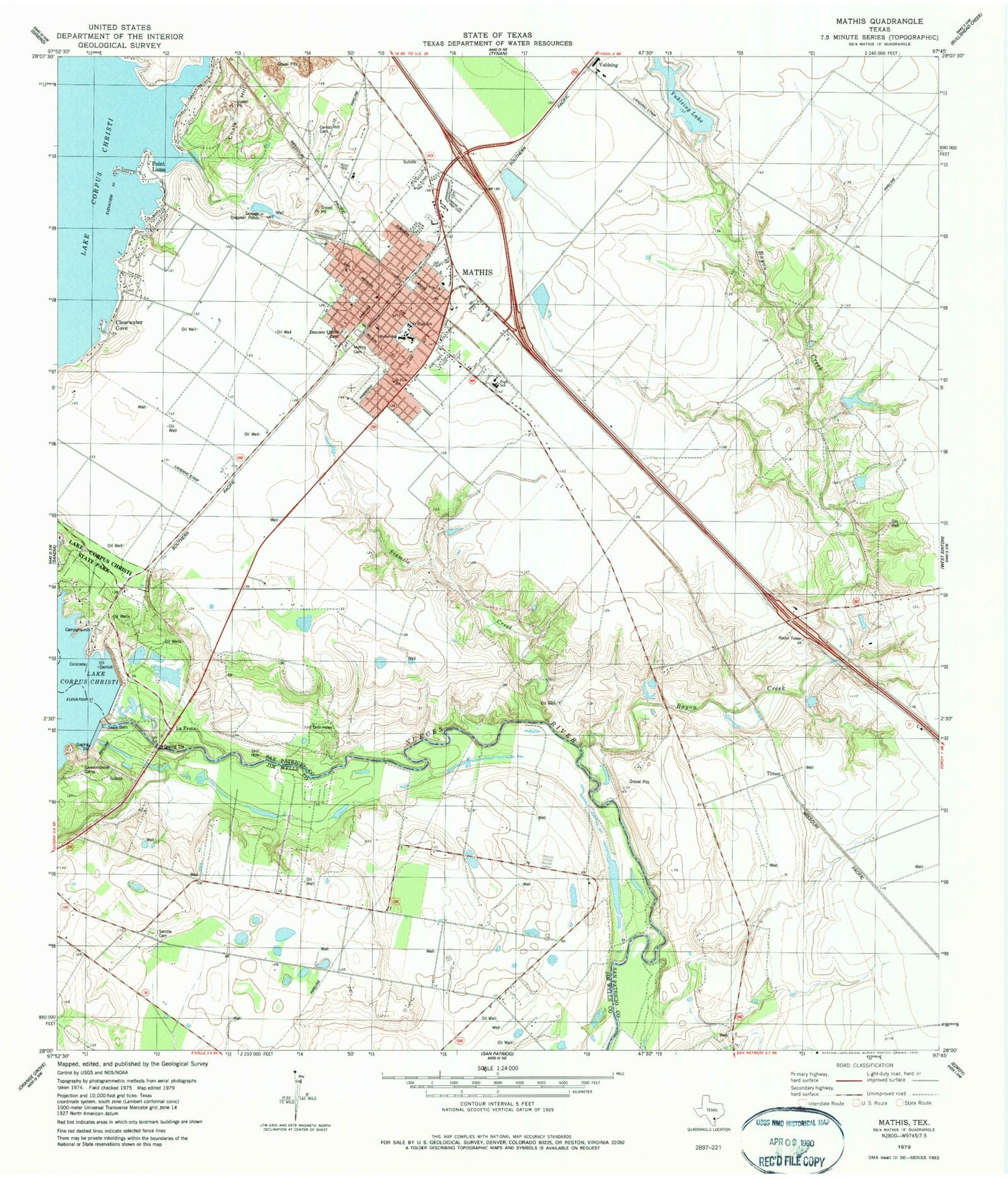 Classic USGS Mathis Texas 7.5'x7.5' Topo Map Image