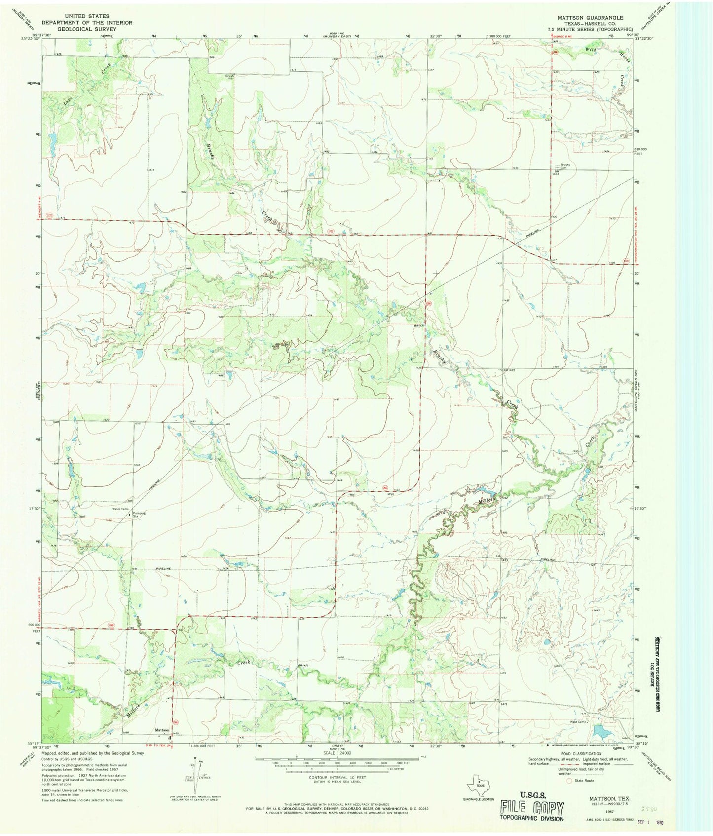 Classic USGS Mattson Texas 7.5'x7.5' Topo Map Image