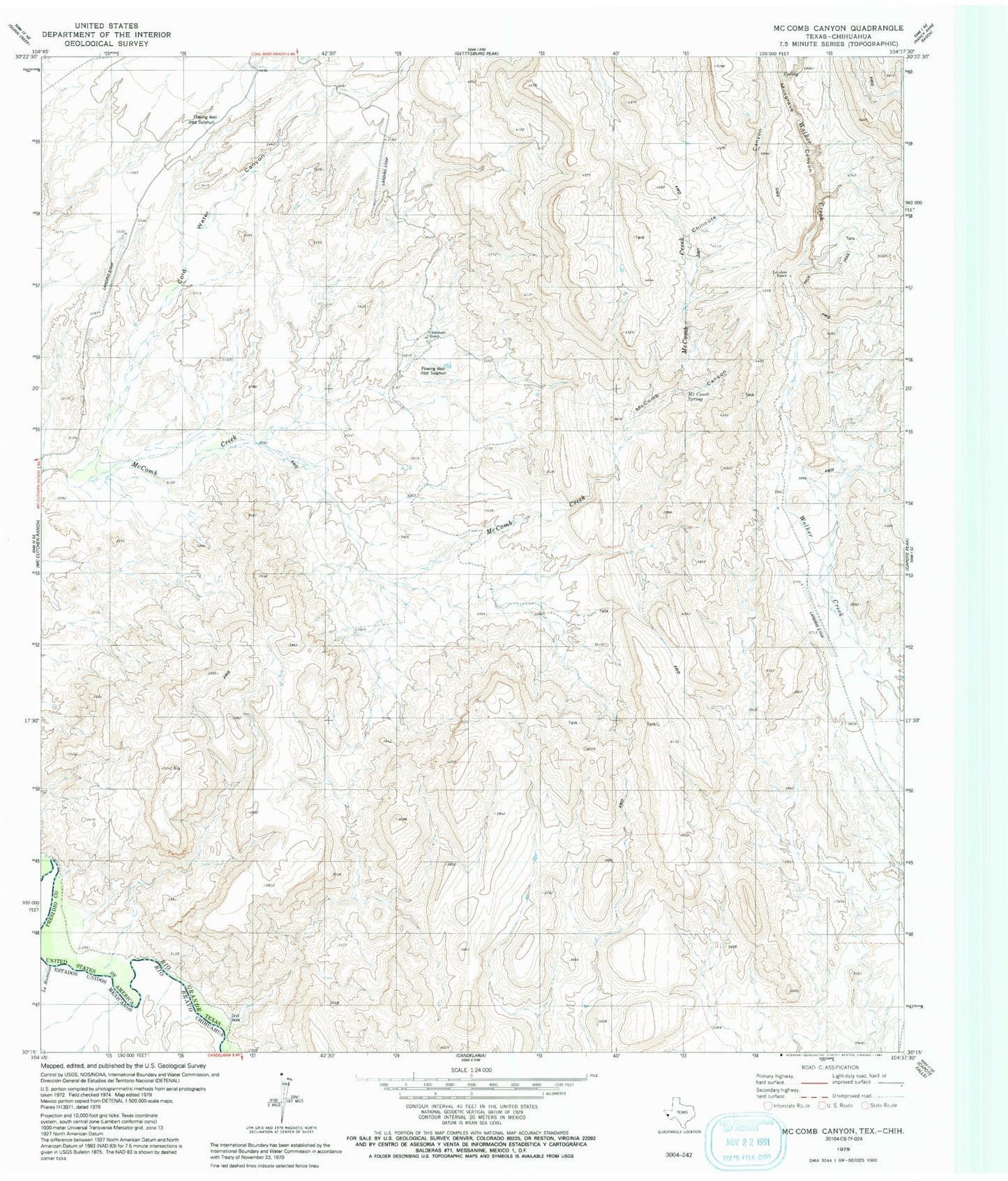 Classic USGS McComb Canyon Texas 7.5'x7.5' Topo Map Image