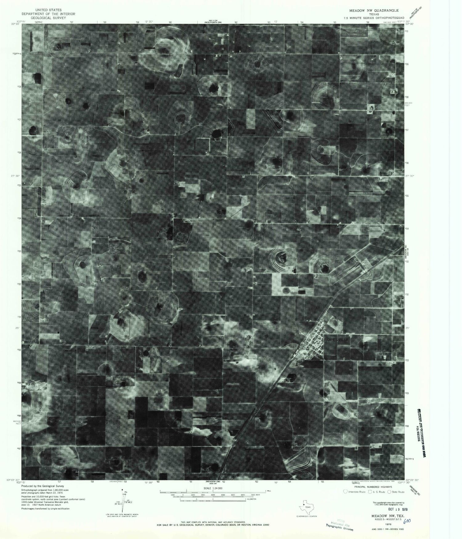 Classic USGS Ropesville Texas 7.5'x7.5' Topo Map Image