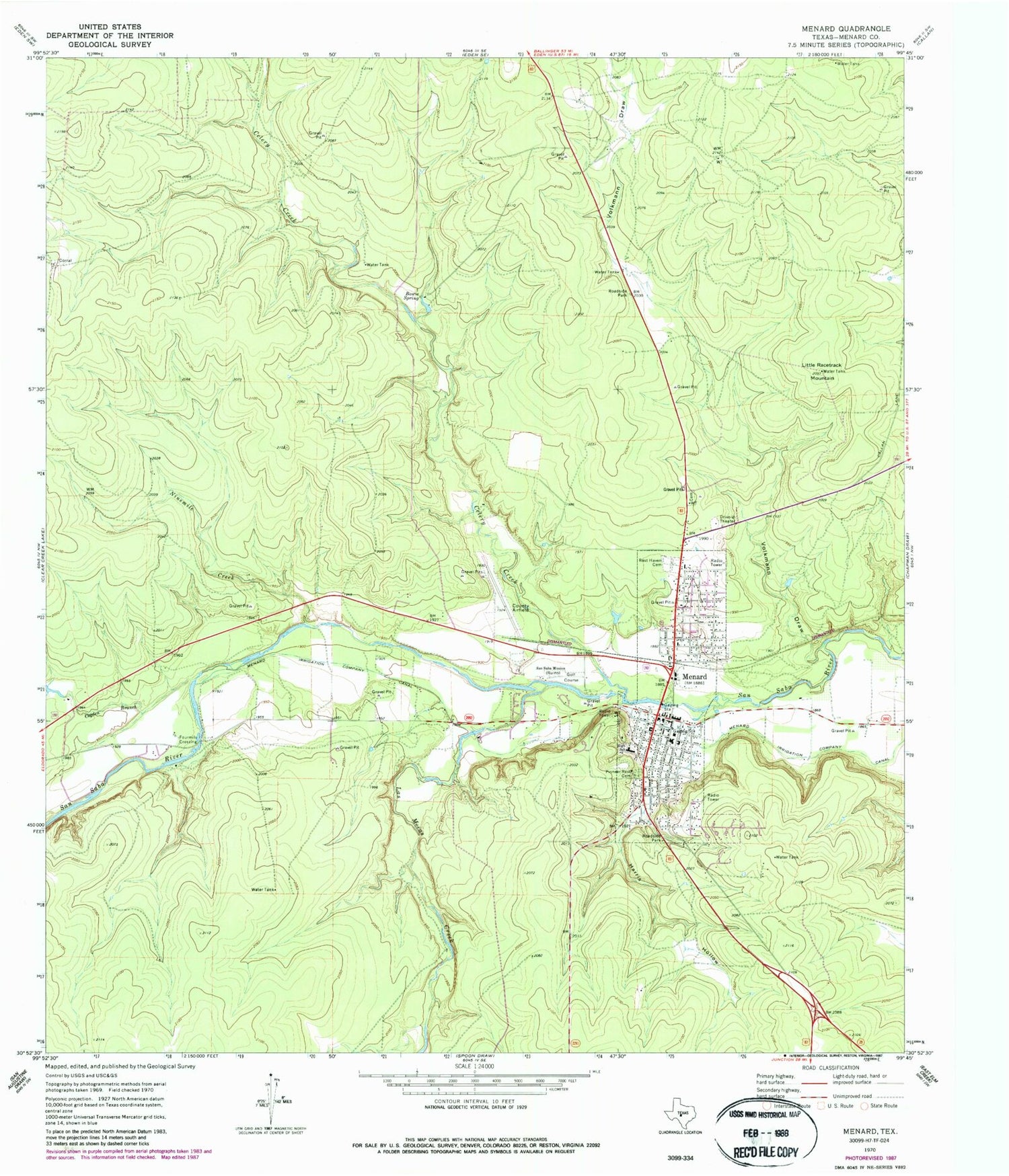 Classic USGS Menard Texas 7.5'x7.5' Topo Map Image