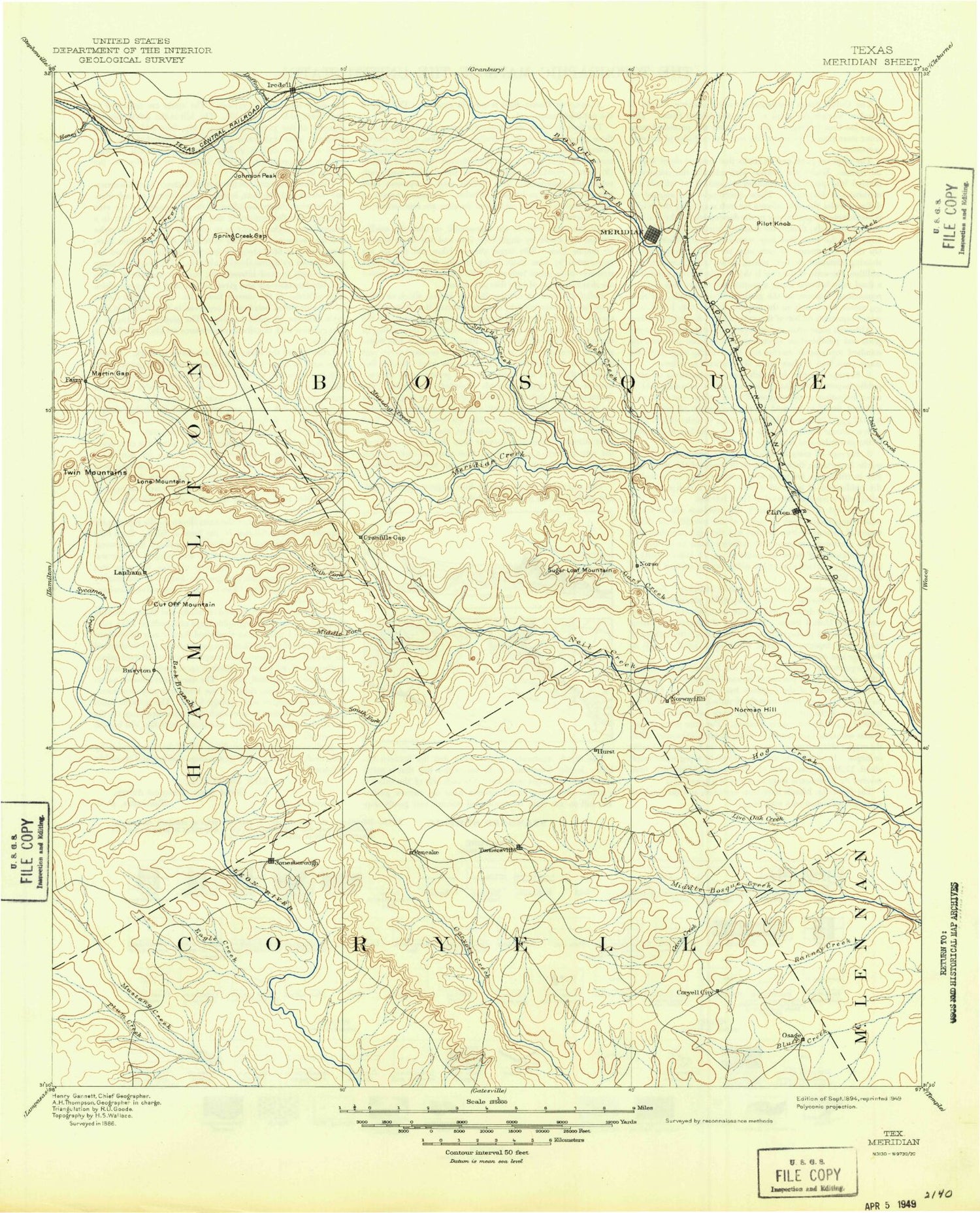 Historic 1894 Meridian Texas 30'x30' Topo Map Image